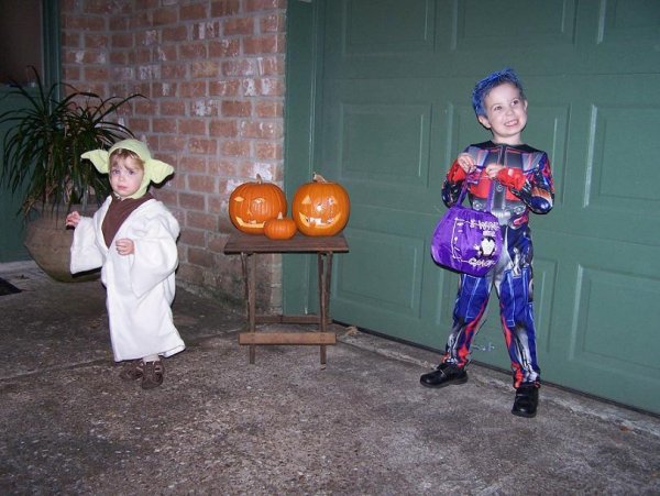 Yoda (Mikey) and Optimus Prime (Jacob)
